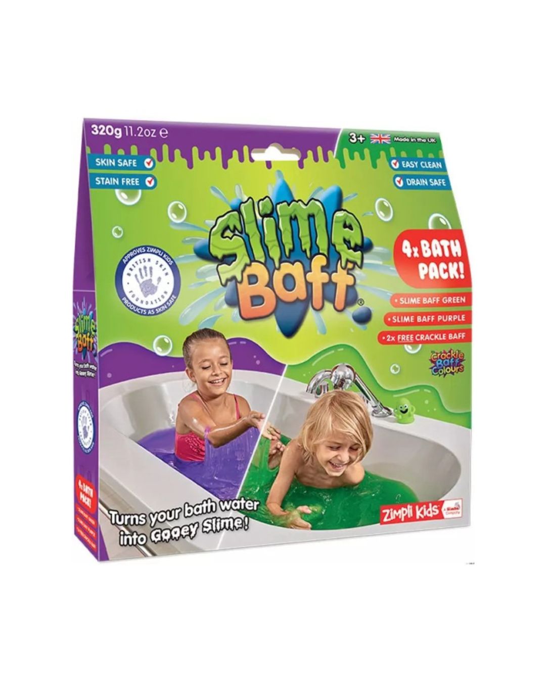 A Zimpli Kids Slime Baff Duo Pack featuring boxes of Purple and Green slime powder and children playing with gooey slime.