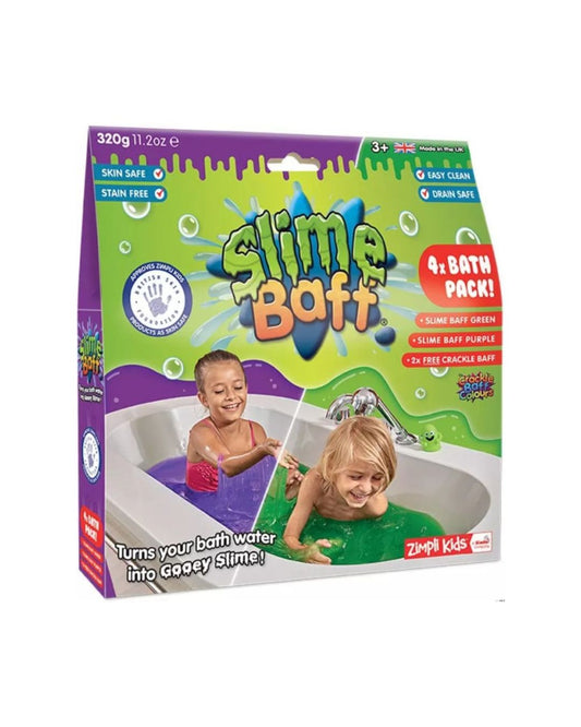 A Zimpli Kids Slime Baff Duo Pack featuring boxes of Purple and Green slime powder and children playing with gooey slime.