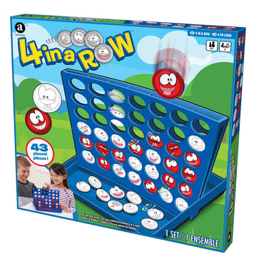A blue 4-In-A-Row vertical game grid with red and yellow playing discs being dropped into the slots.