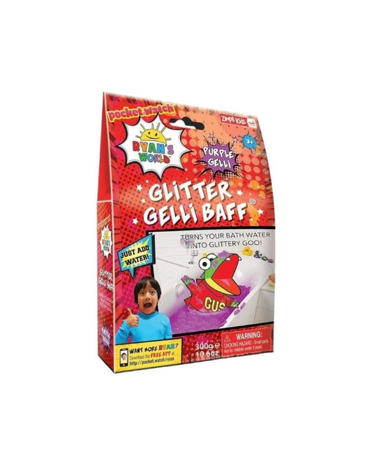 A box of Ryan's World Glitter Gelli Baff in Purple, featuring Ryan and a sparkling, thick bathtub full of glittery purple goo.