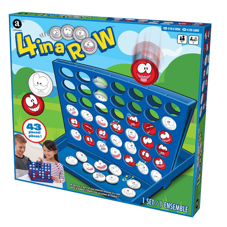 A blue 4-In-A-Row vertical game grid with red and yellow playing discs being dropped into the slots.