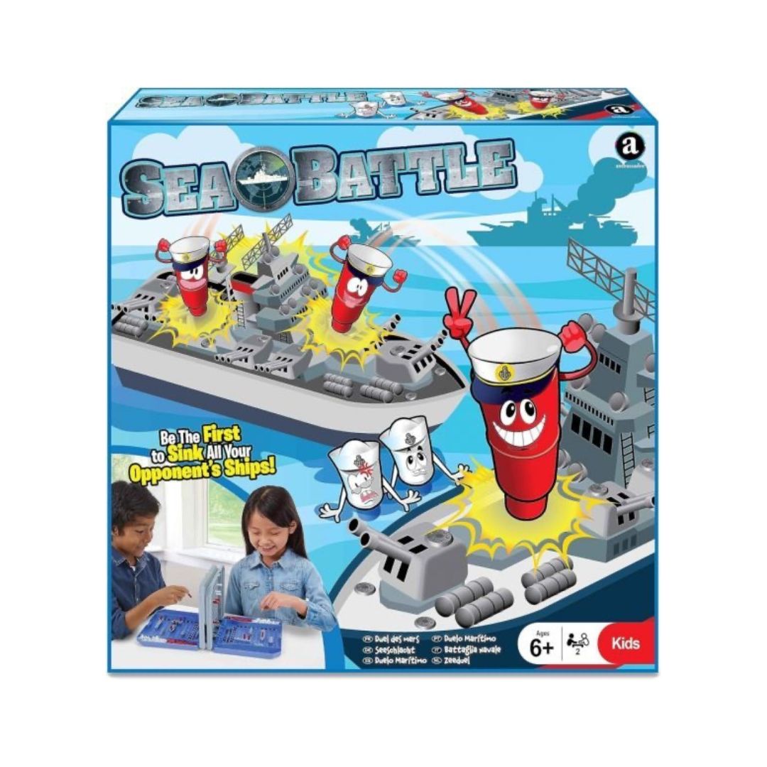 Two blue Ambassador Sea Battle folding game cases with plastic ships and red/white pegs on a grid.
