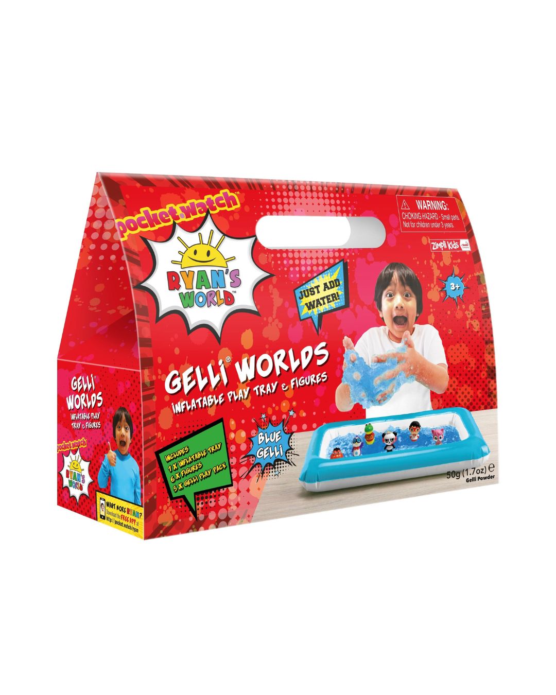 A Ryan’s World Gelli Worlds playset featuring an inflatable tray filled with aqua gelli and 8 Ryan's World character figures.