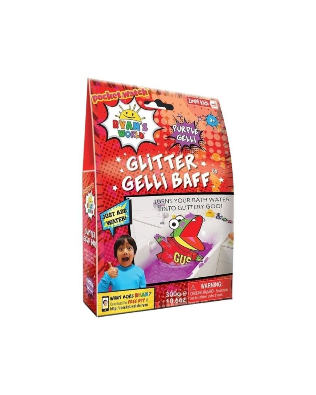 A box of Ryan's World Glitter Gelli Baff in Purple, featuring Ryan and a sparkling, thick bathtub full of glittery purple goo.