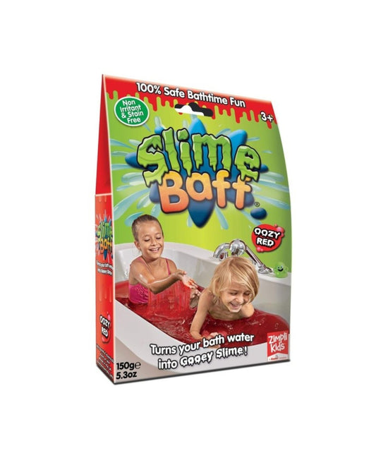 A box of Zimpli Kids Slime Baff in Red, showing a child playing with thick, red slime in a bathtub.